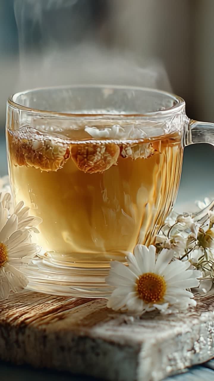 Una tazza calda di tisana circondata da margherite fresche, che emana vapore creando un'atmosfera serena e confortante, perfetta per il relax e il piacere.