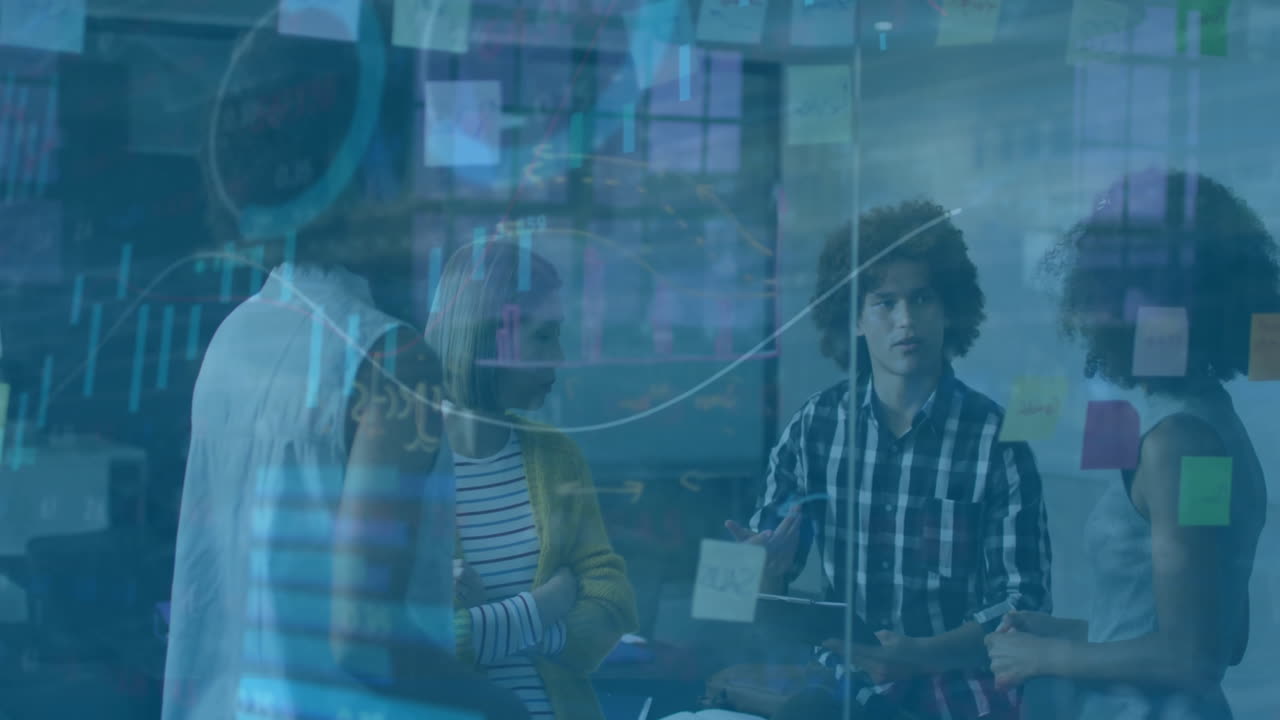 Animation of financial data processing over diverse business people in office