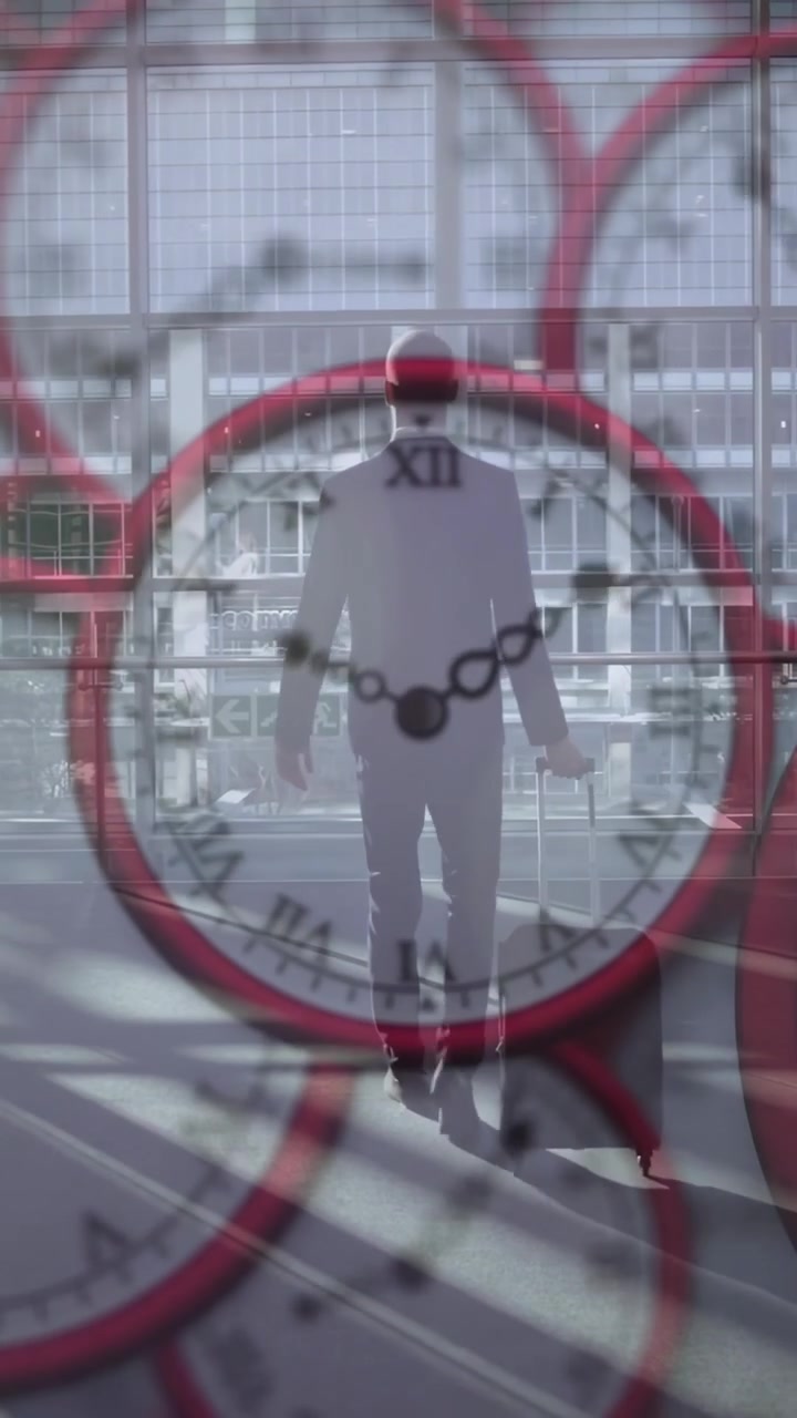 Video verticale: Viaggiatore che trascina una valigia camminando verso le finestre, con una sovrapposizione di orologio che si centra sul busto.