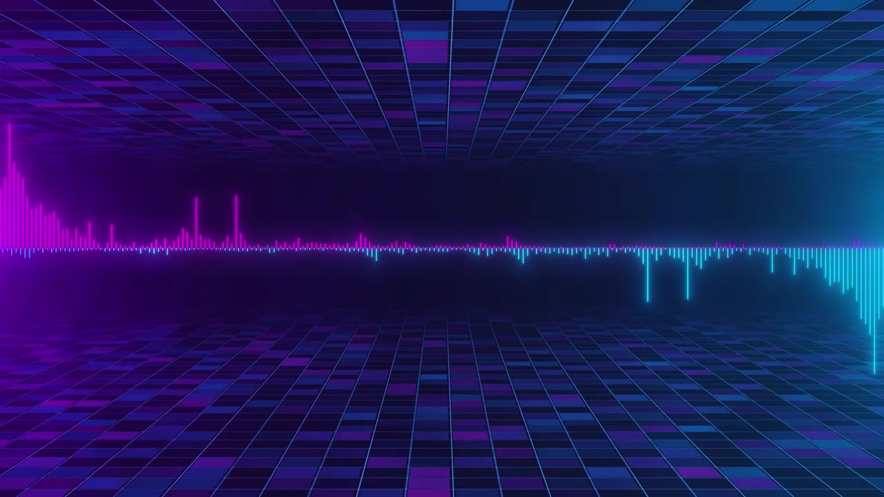 Futuristic audio spectrum stage loop with neon grid ceiling reflective floor and glowing waveform