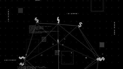 Animation-of-network-with-data-processing-and-dollar-signs-over-black-background