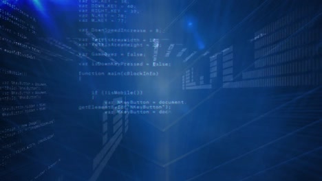 Animation-of-data-processing-and-binary-coding-on-blue-background