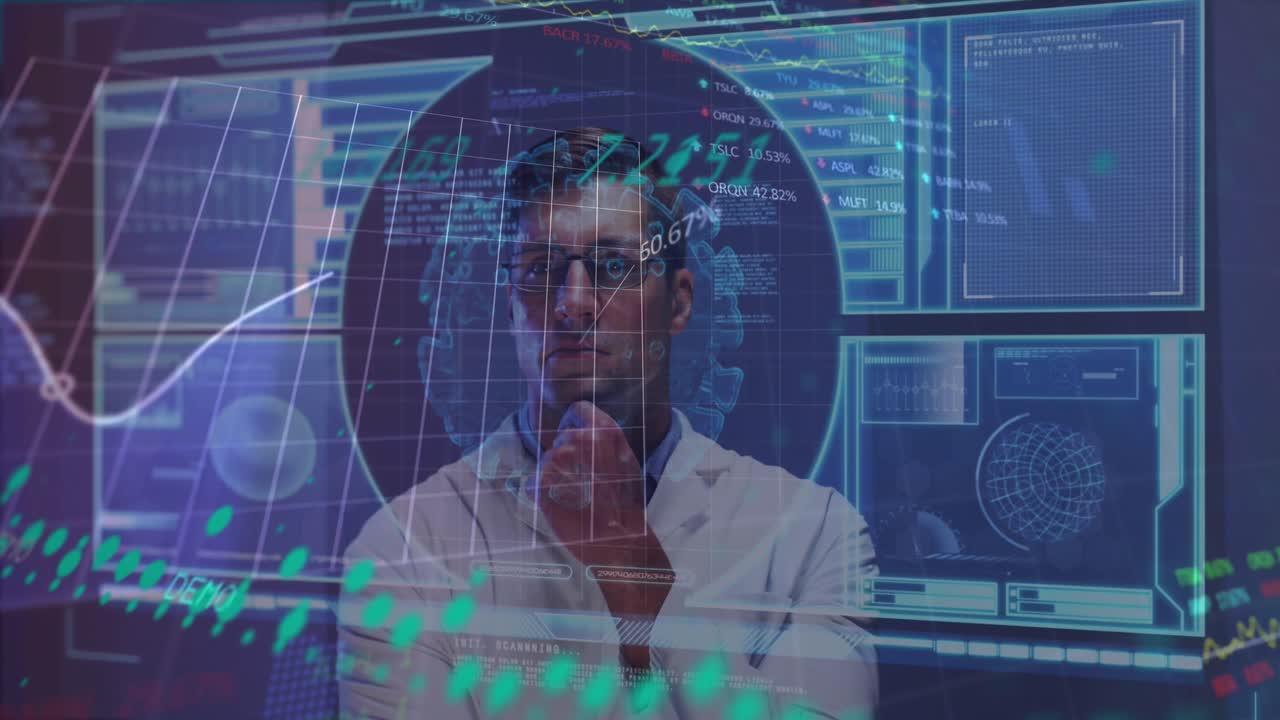 Animation of data processing over caucasian man