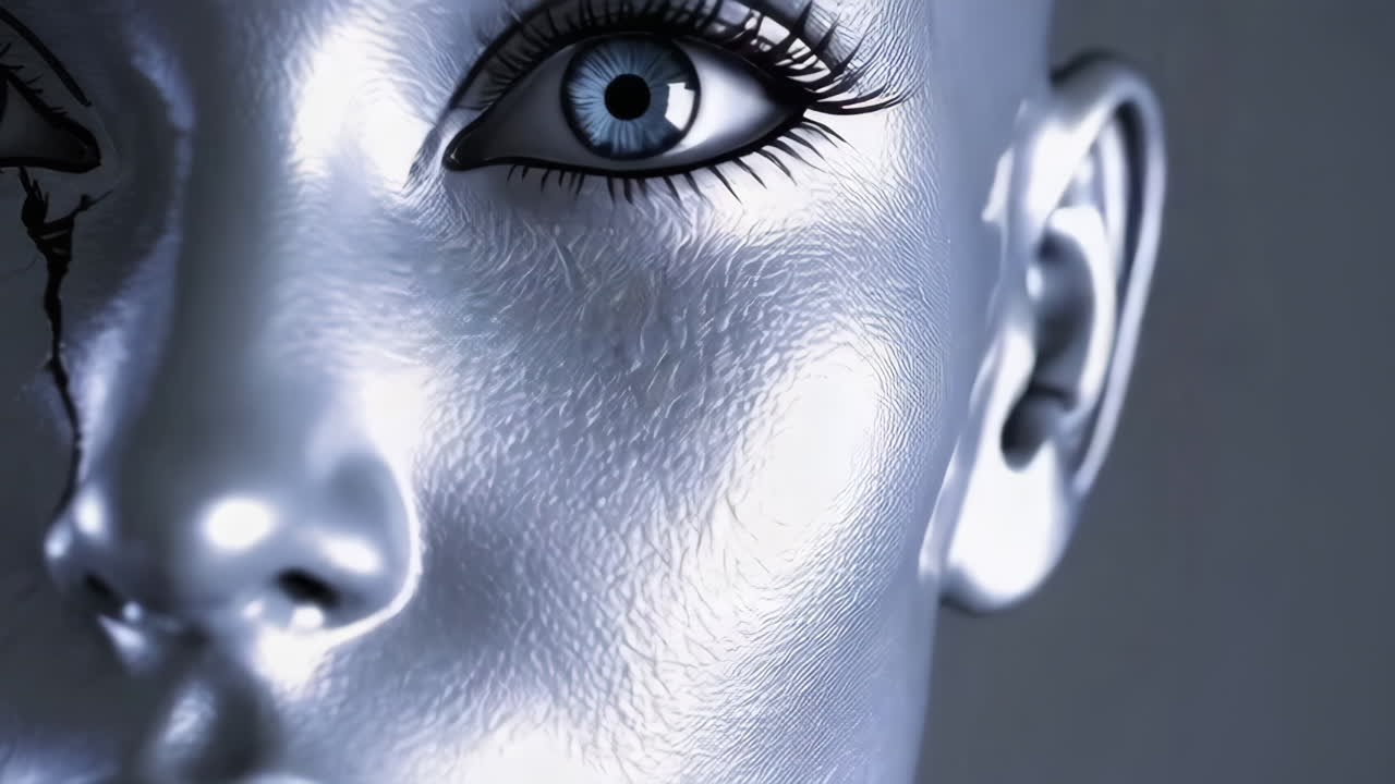 Broken Metallic Female Robot Face