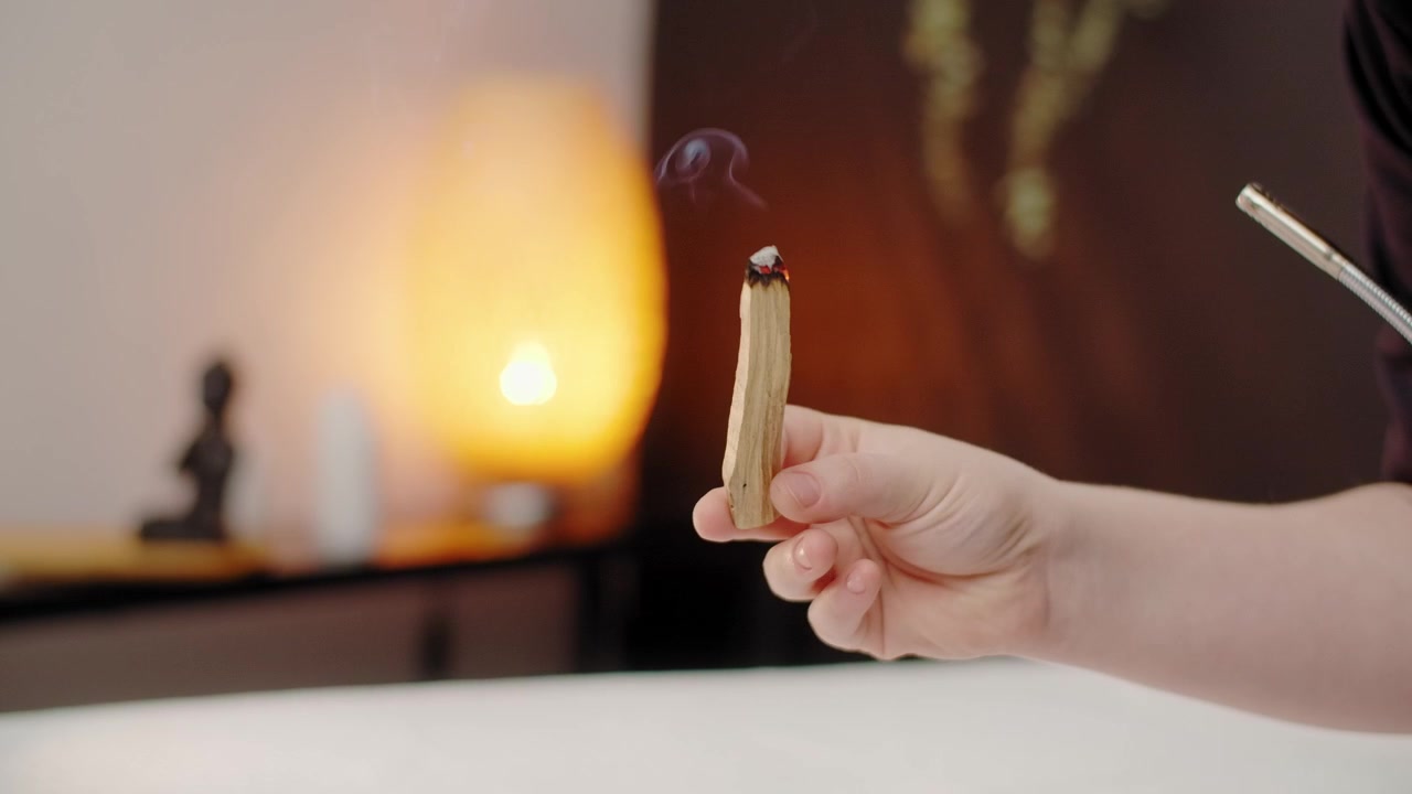 Hand Holding Burning Palo Santo Stick for Smudging