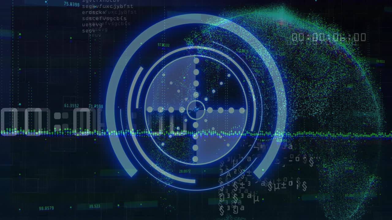 Grid appearing rotating circle pulsing waveform forming particle cloud visualizing data