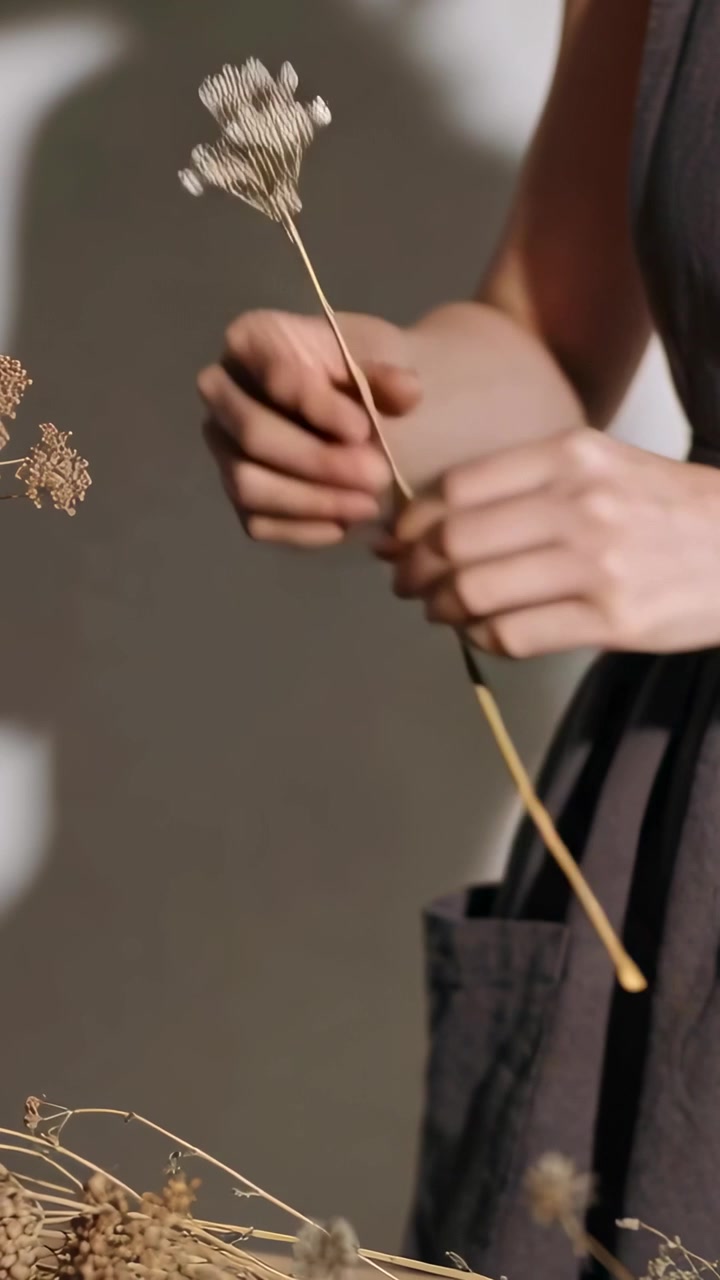 Femme asiatique en robe noire touchant sa poche et arrangeant des tiges séchées d'un bouquet à gauche contre le mur