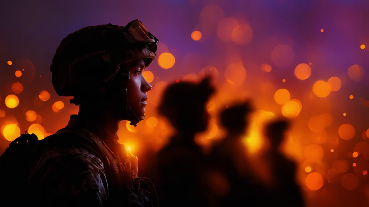 A Thoughtful Soldier Contemplating Duty and Brotherhood Amidst the Fiery Background of a Breathtaking Scene that Symbolizes Courage, Sacrifice, and Resilience in the Face of Adversity and Challenge for a Greater Purpose