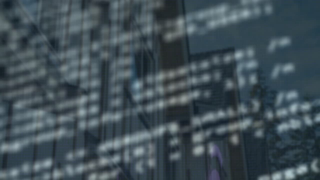 Animation of computer language and rotating circles over low angle view of modern houses