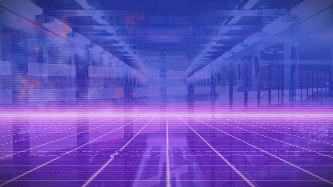 Digital Data Center Corridor with Glowing Purple Grid Floor