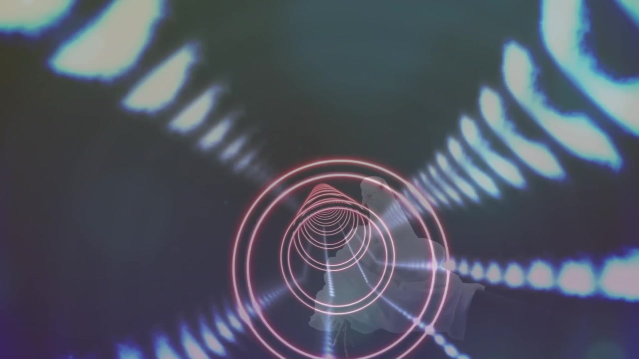 Animation of hands releasing white dove over glowing network and tunnel on black background