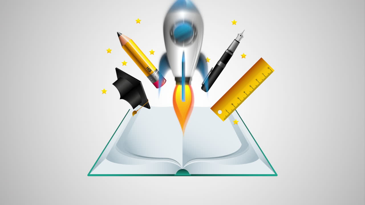 libro de texto y cohete con suministros educativos animación