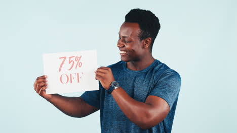 happy man, promotion and holding discount poster