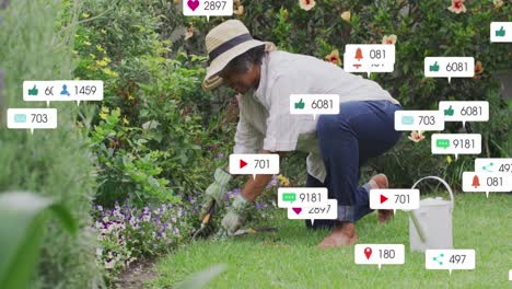 Animation-of-social-media-icons-over-happy-biracial-senior-woman-gardening-in-the-garden