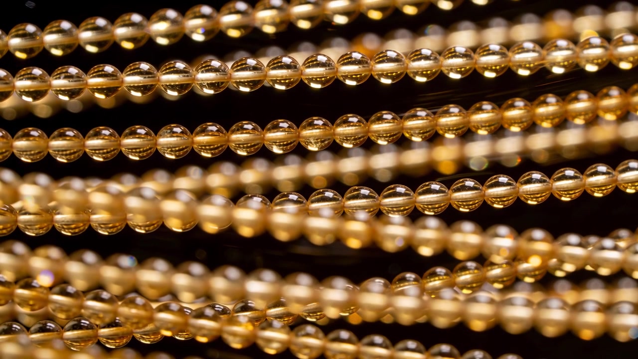 Messa a fuoco che si sposta su fili di perline dorate che fluttuano in un'impostazione macro, rivelando fili sottili e punti luce.