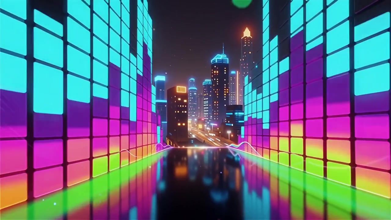 Fundo Futurista com Visualizador de Equalizador de Música Neon Arco-Íris.