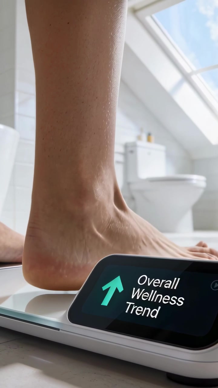 Vertical video: Stepping bare leg and foot onto skylit bathroom smart scale checking wellness trend