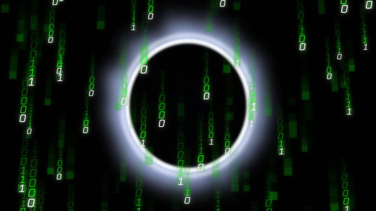 Glowing circular ring floating in dark digital void, showing cascading green binary code streams