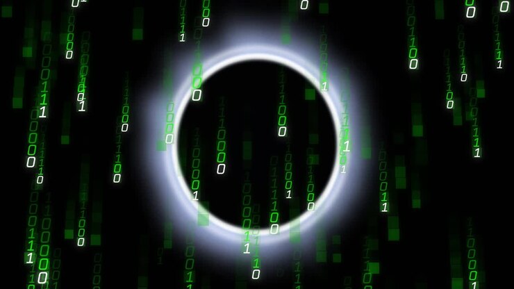 Glowing circular ring floating in dark digital void, showing cascading green binary code streams