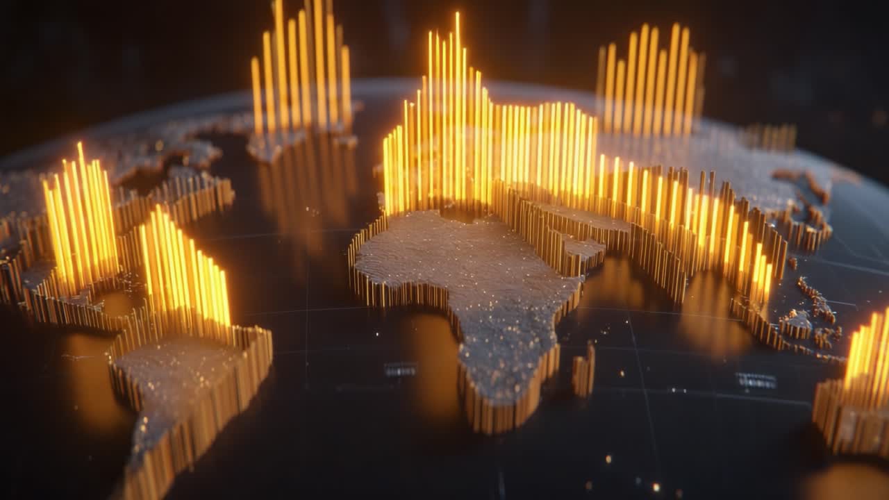 Visual Representation of Global Data Trends: A Stunning 3D Map Highlighting Economic Growth Patterns with Vibrant Orange Bar Graphs Depicting Emerging Markets