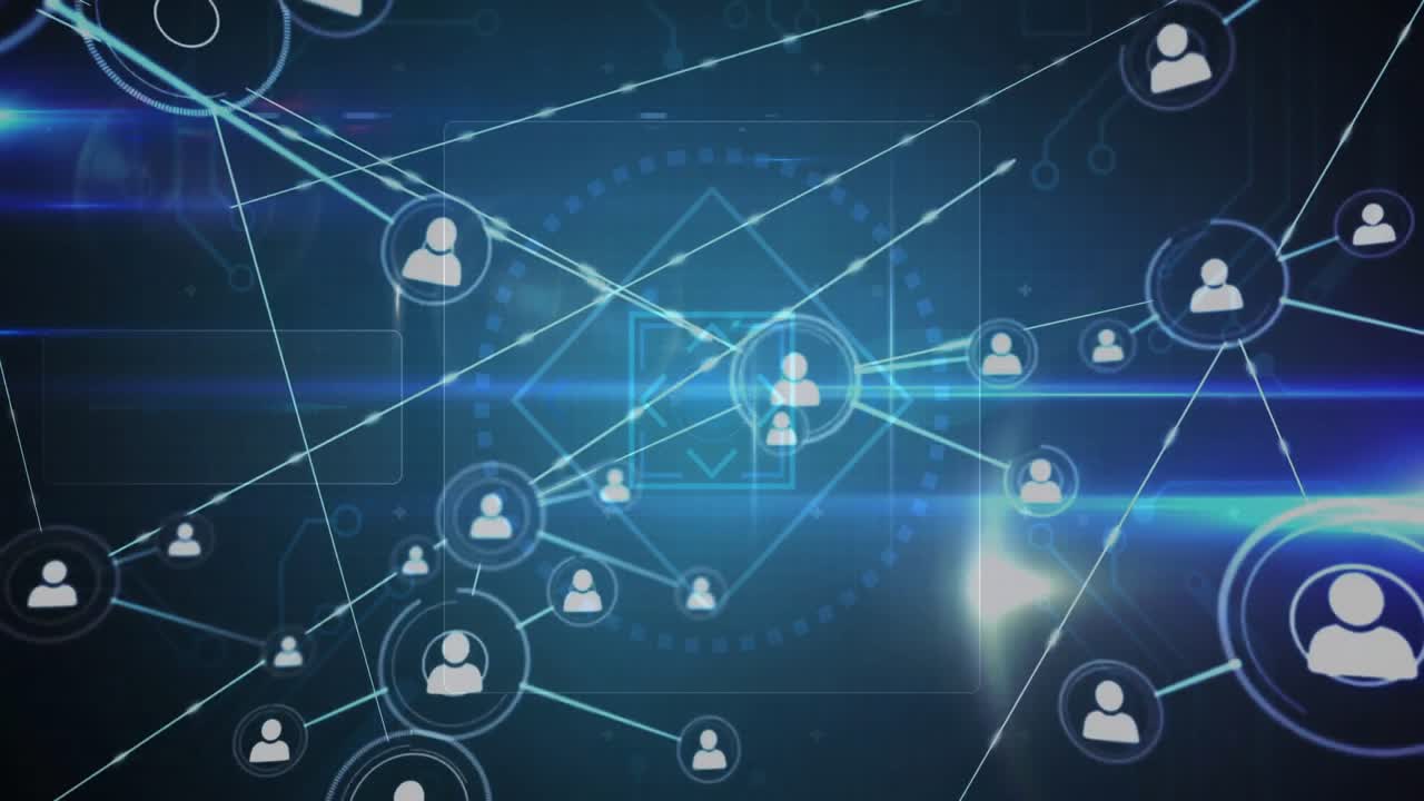 Light streak starting network growth, user icons appearing and clustering, showing expansion