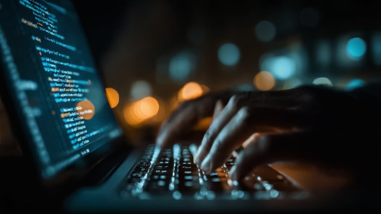 Illuminated Hands Typing on Laptop in Dark Environment with Code on Screen, Capturing the Essence of Modern Programming and Software Development
