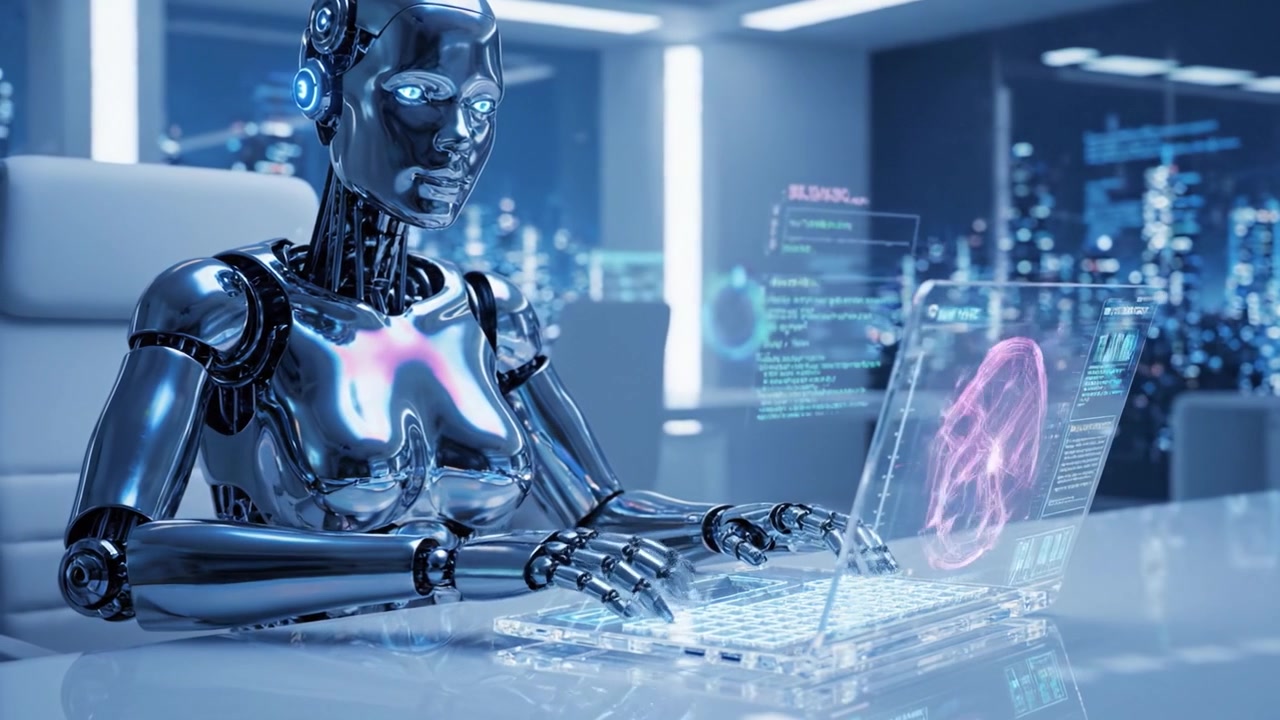 An Advanced Robot Engaged in Digital Work: Showcasing Future Tech and Automation in a Sleek Modern Office Environment with High-Tech Visuals