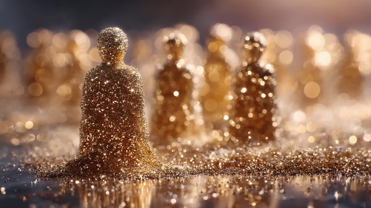 A mesmerizing scene of shimmering golden figures standing in an ethereal environment, capturing a sense of wonder and unity among the sparkling formations