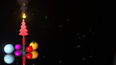 Weihnachtsbaumkerze-Brennt-Mit-Bunten-Weihnachtskugeln-Um-Ihn-Herum,-Schwebende-Partikel,-Feuer--Und-Raucheffekt-Und-Reflexionen-3d-animationsvorderansicht