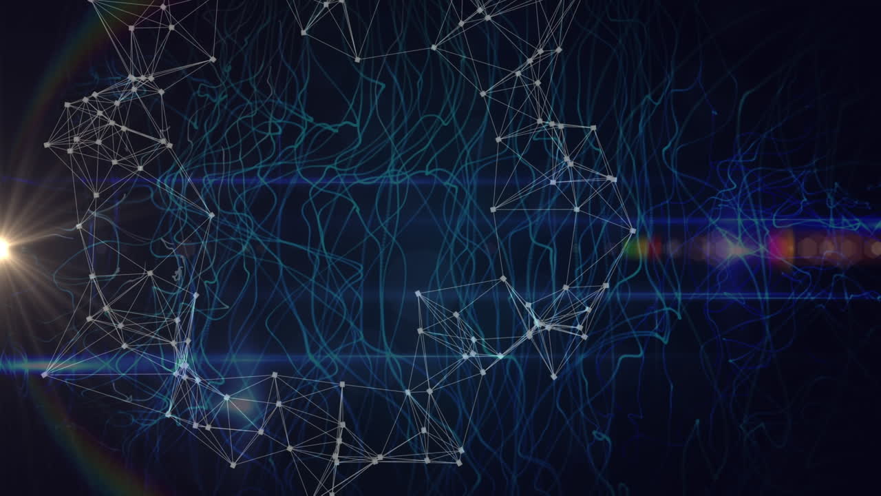 Animation of network of connections over blue digital waves and rainbow flare on blue background
