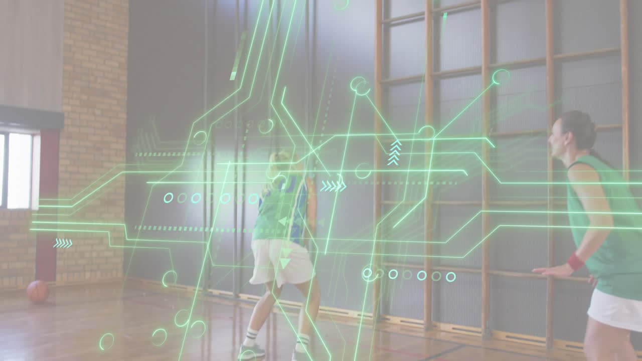 Thrower launching ball driving players rebounding blocking shot in drill with green circuit overlay