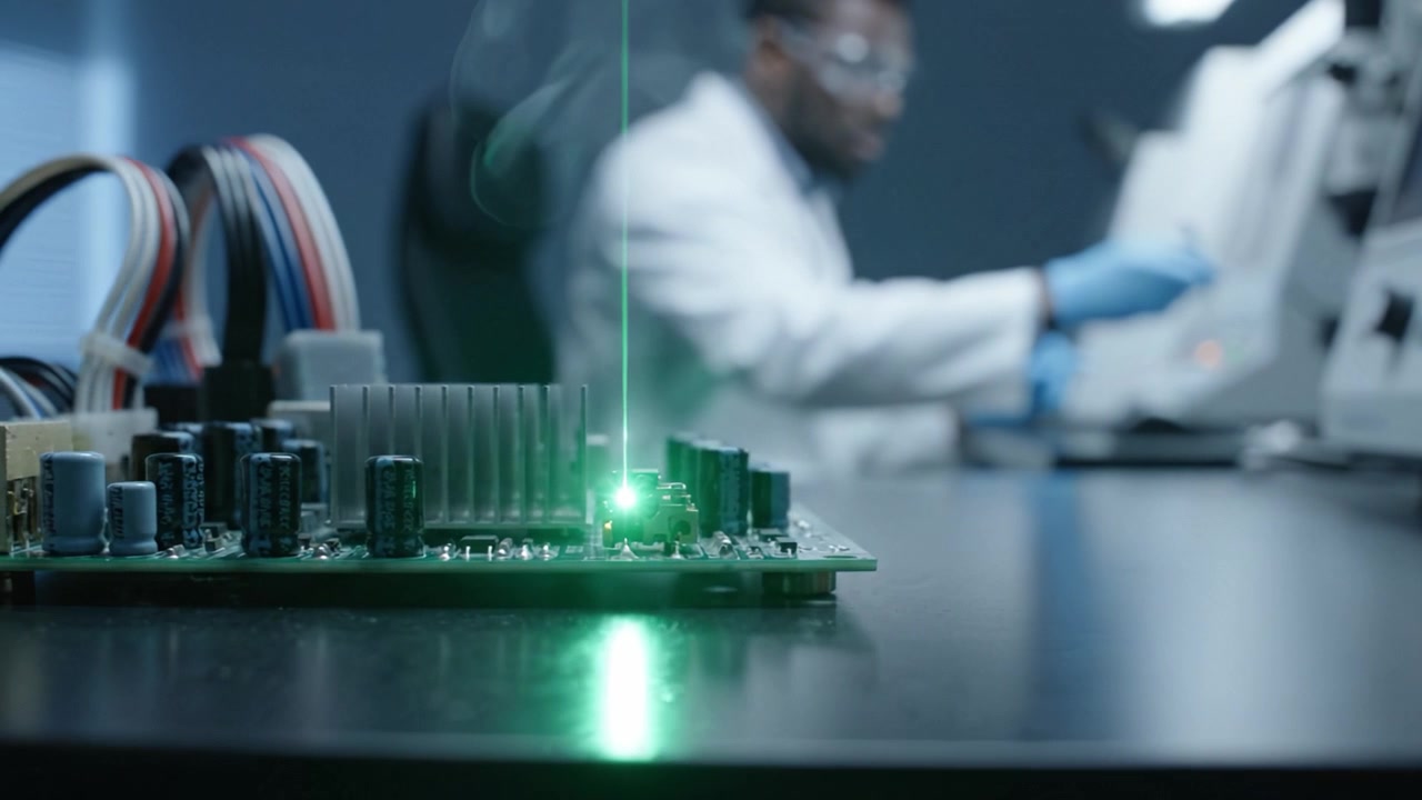 Laser Experimentation on Circuit Board: A Researcher Conducts Precision Engineering in a Lab Setting, Focusing on Electronic Components and Light Technology.