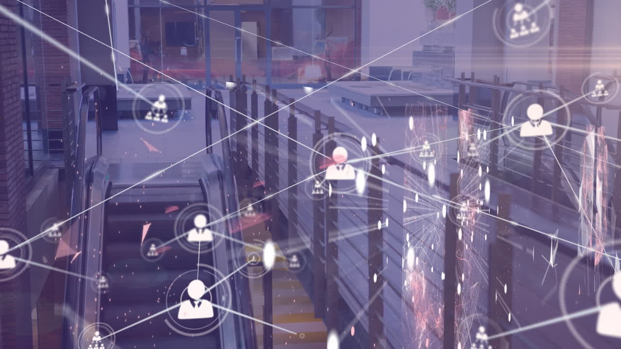 Animation of network of connections with media icons over empty creative office