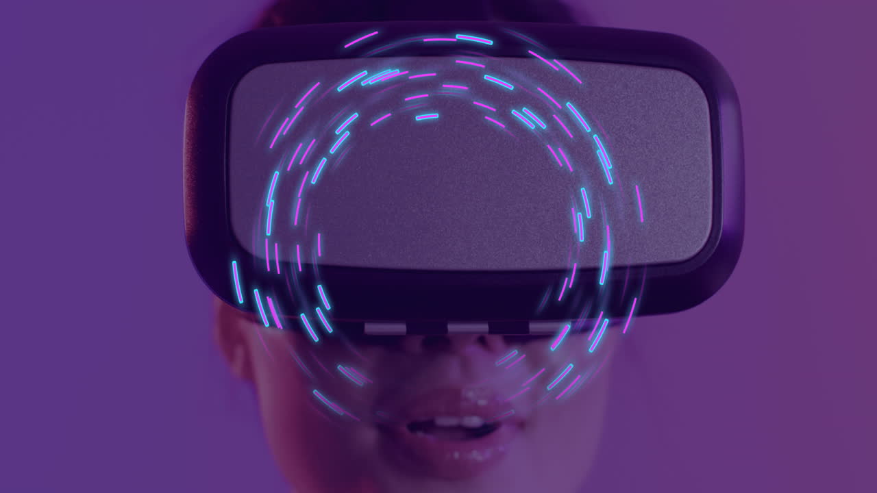 Animation of glowing light trails of data transfer over asian woman using vr headset