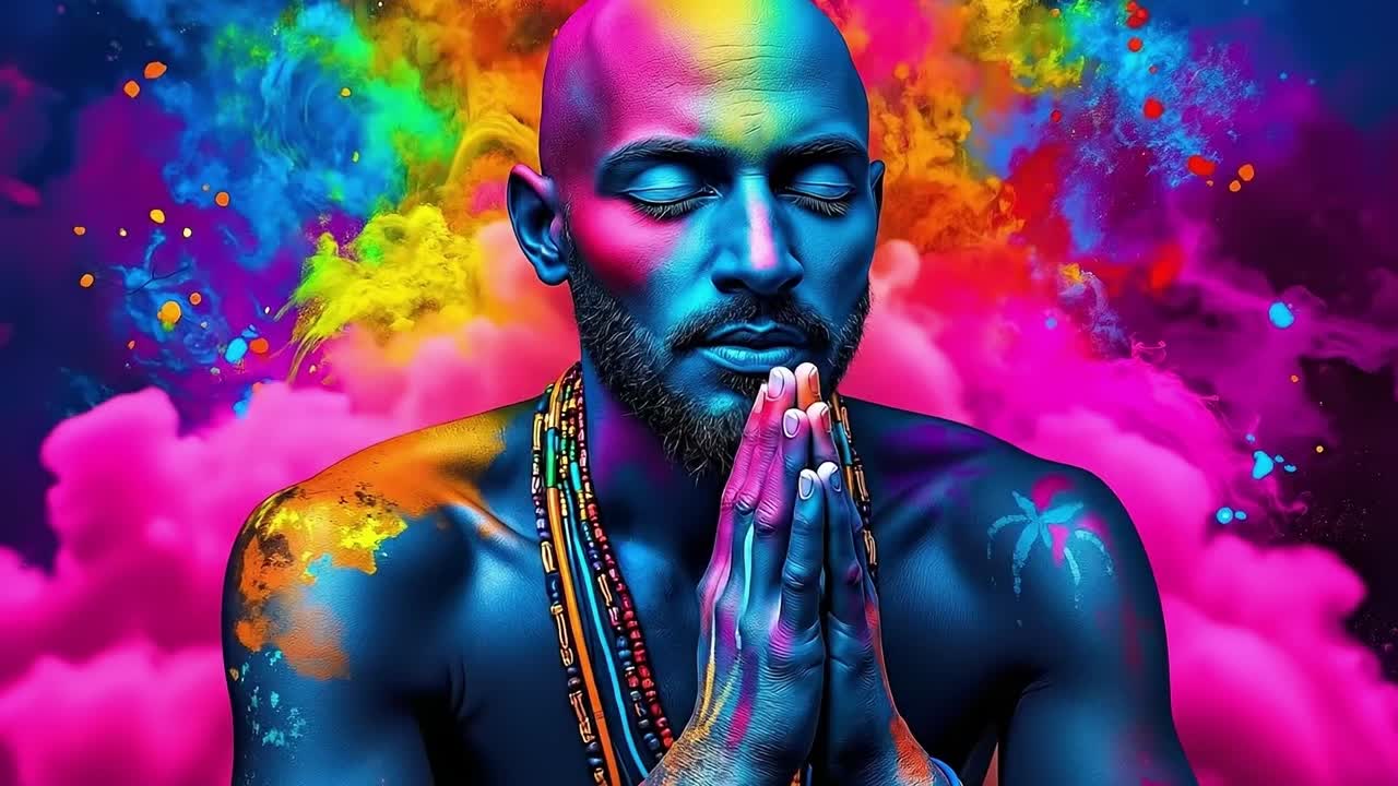 A man with his hands clasped in prayer in front of a colorful background