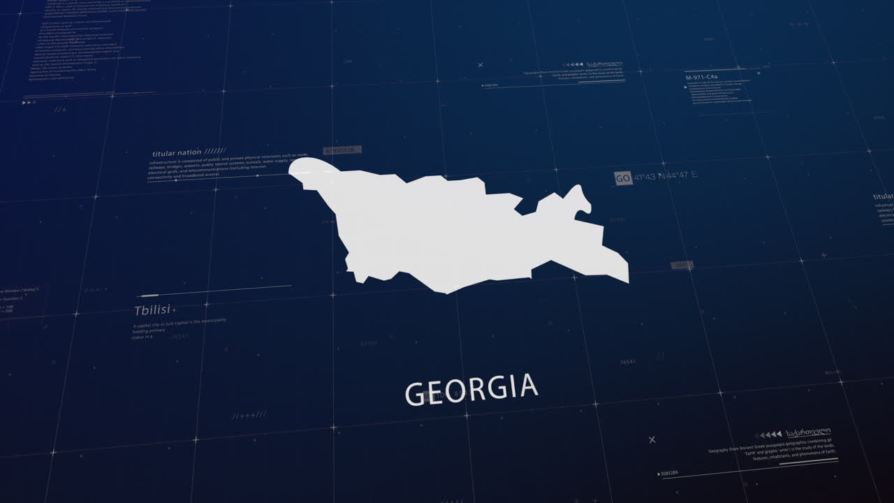 Georgia country map comes to life with cinematic panning, unveiling key details, the capital, and slogan, providing an engaging background for corporate and commercial use