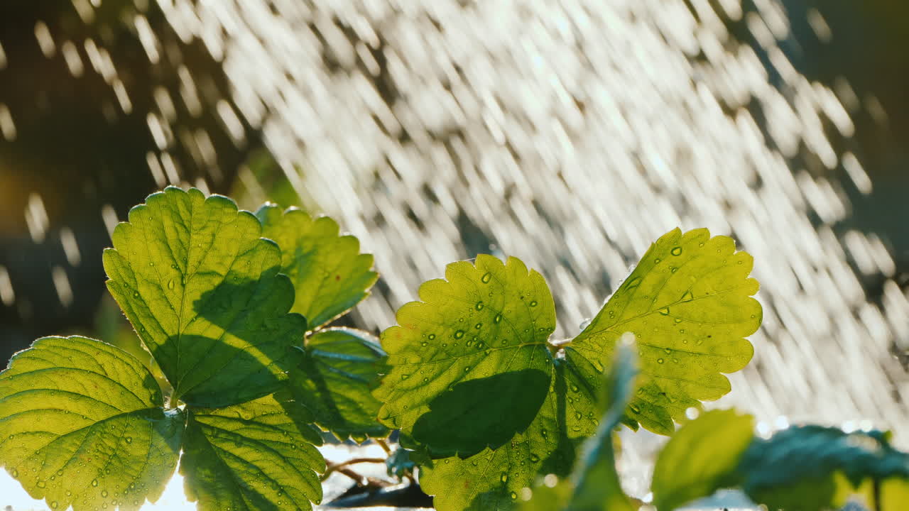 물 딸기 콩나물 물방울이 녹색 잎에 떨어집니다