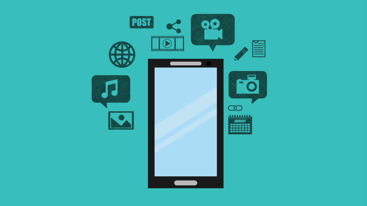 teléfono móvil con iconos de redes sociales y multimedia