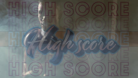 digital composite video of high score text against african american male boxer wearing boxing gloves