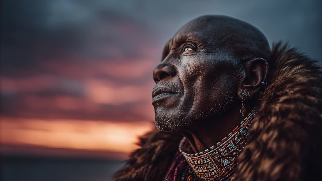 Ein ruhiges Porträt eines weisen Ältesten, der in der Dämmerung in den Horizont blickt und Tradition sowie kulturelles Erbe vor einem atemberaubenden Sonnenuntergangshintergrund verkörpert.