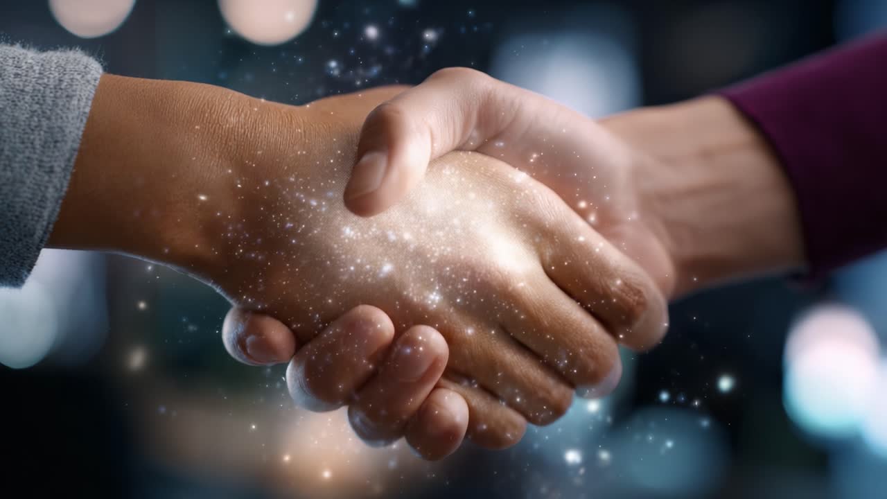 A close-up of two hands shaking firmly, surrounded by sparkling effects, representing collaboration, agreement, and the bond formed in unison