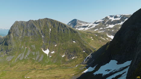 Norwegian-mountain-landscape,-river-falls-and-snow