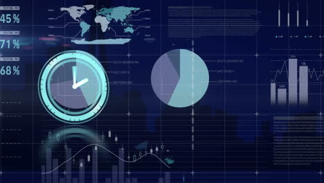 animation of digital clock with infographic interface over digital city with night sky