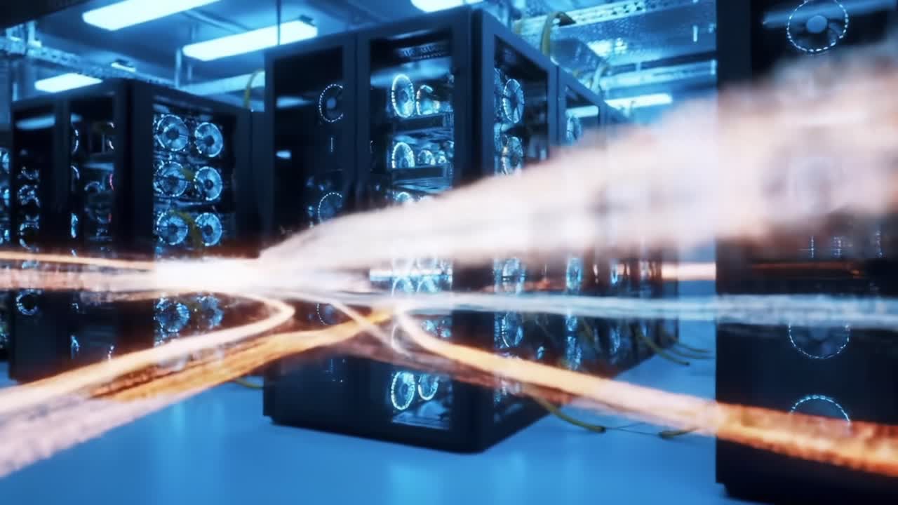 A Dynamic View Inside a High-Performance Data Center Showcasing Advanced Computing Technology with Electric Blue Visual Effects