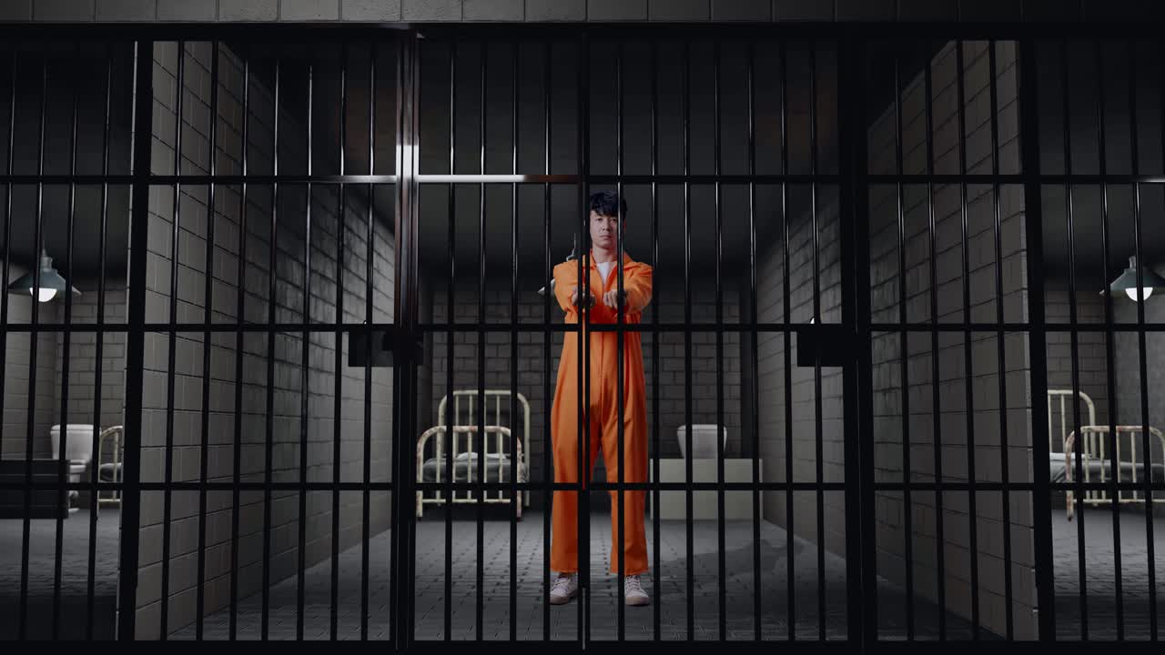 cuerpo lleno de prisionero masculino asiático estirando las manos se rinde mientras está de pie en la prisión