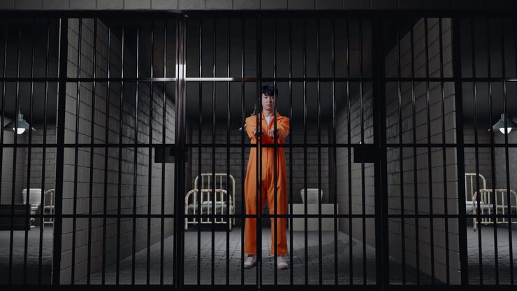 Full Body Of Asian Male Prisoner Stretching Out The Hands Surrender Himself While Standing In Prison