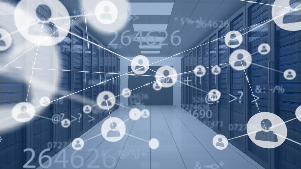 컴퓨터 서버를 통해 디지털 아이콘과 숫자를 가진 연결 네트워크의 애니메이션