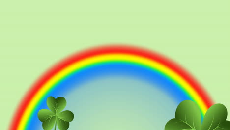 animation of multiple clover leaves falling over rainbow on green background