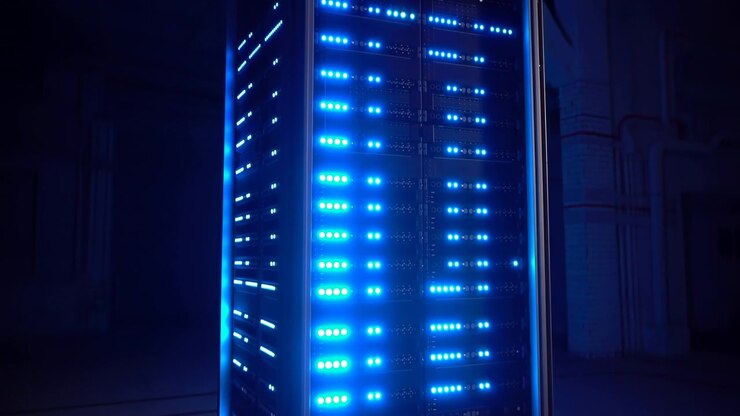 Luci di stato blu scintillano attraverso alti armadi server mentre il punto di vista si sposta lateralmente attraverso una sala macchine buia, enfatizzando pannelli ripetuti, riflessi e la profondità del corridoio stretto