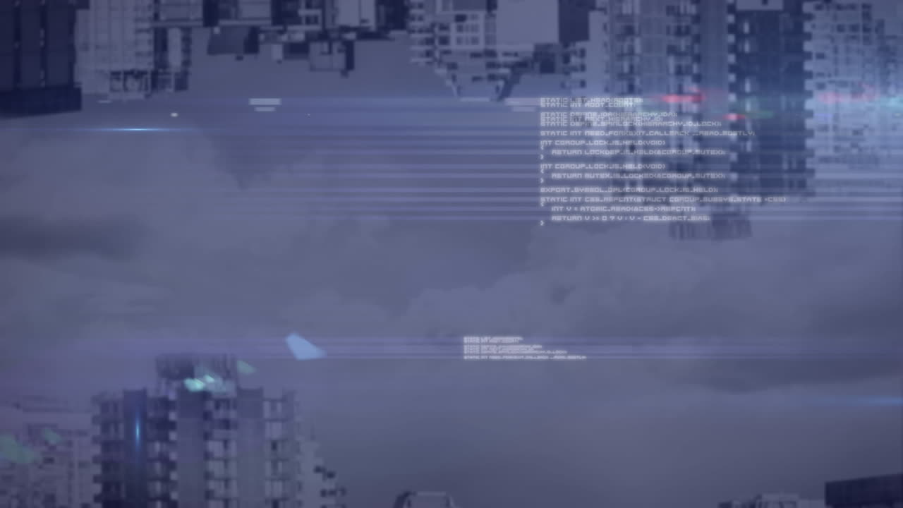 animación del procesamiento de datos y puntos de luz contra la vista aérea del paisaje urbano con efecto de sombra.